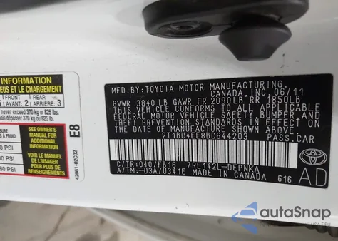 2011 Toyota Corolla Le from USA, damaged, VIN 2T1BU4EE8BC644203